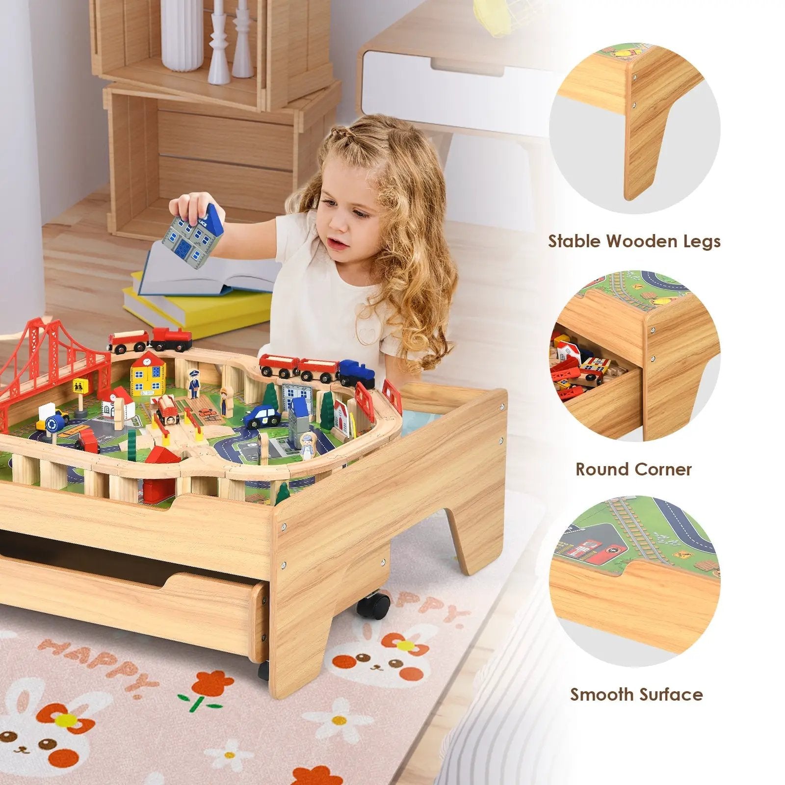 Children's Wooden Railway Set Table with 100 Pieces Storage Drawers by DirectDeals