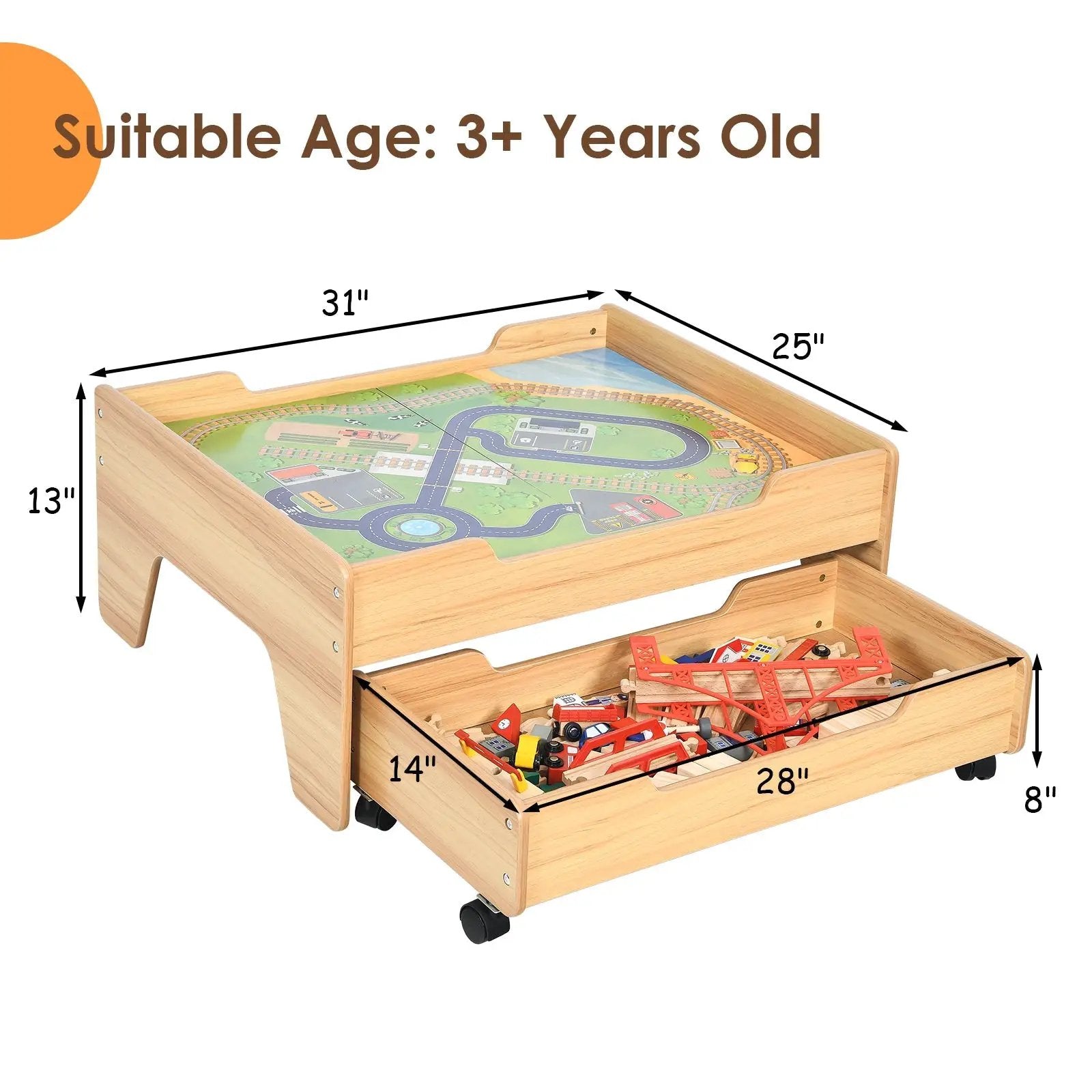 Children's Wooden Railway Set Table with 100 Pieces Storage Drawers by DirectDeals