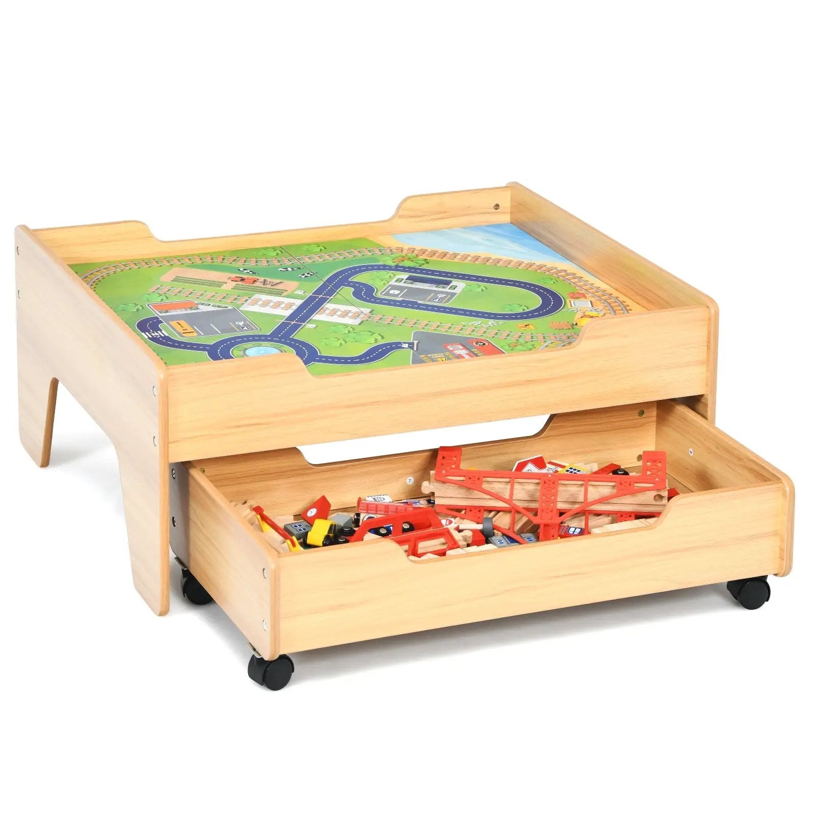 Children's Wooden Railway Set Table with 100 Pieces Storage Drawers by DirectDeals