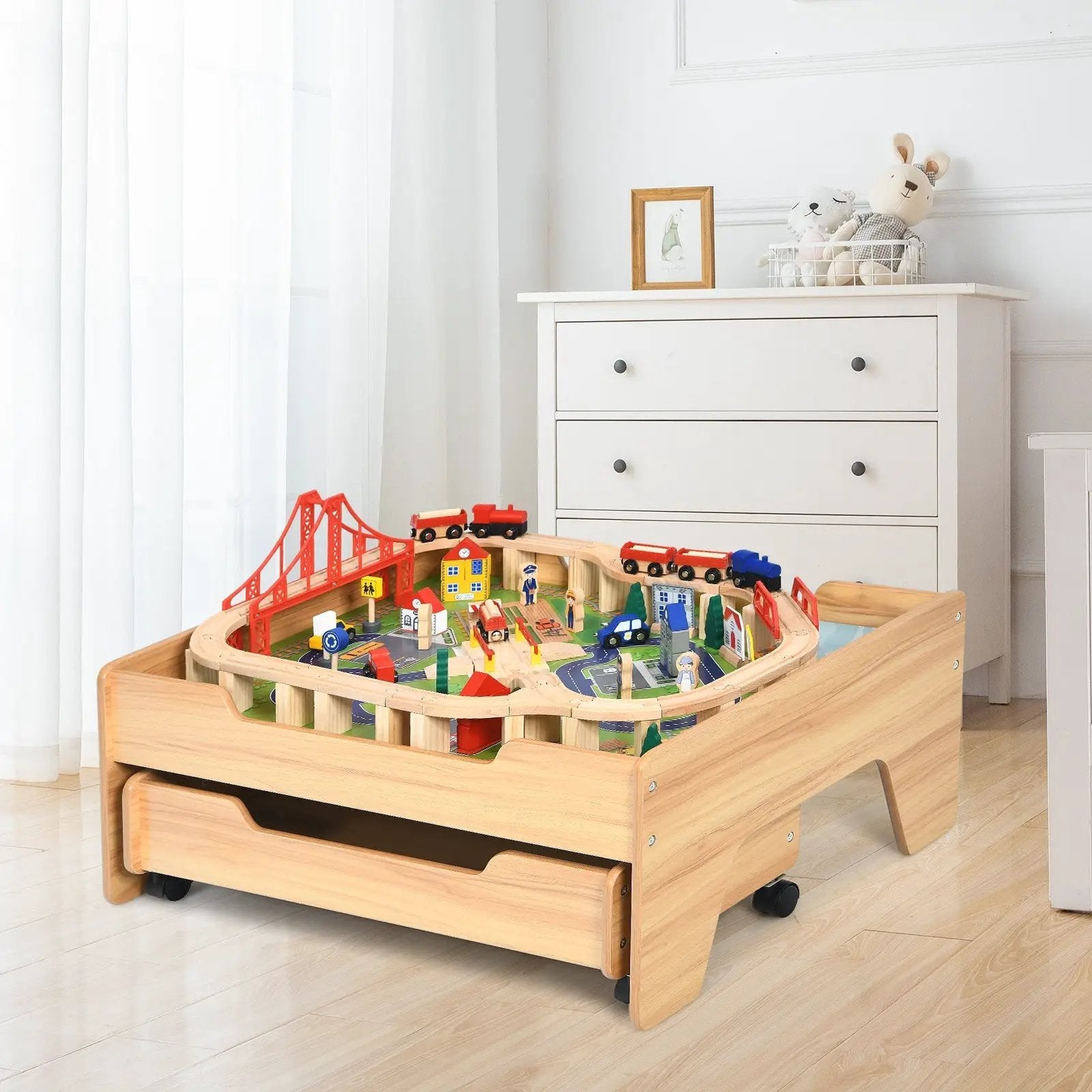 Children's Wooden Railway Set Table with 100 Pieces Storage Drawers by DirectDeals