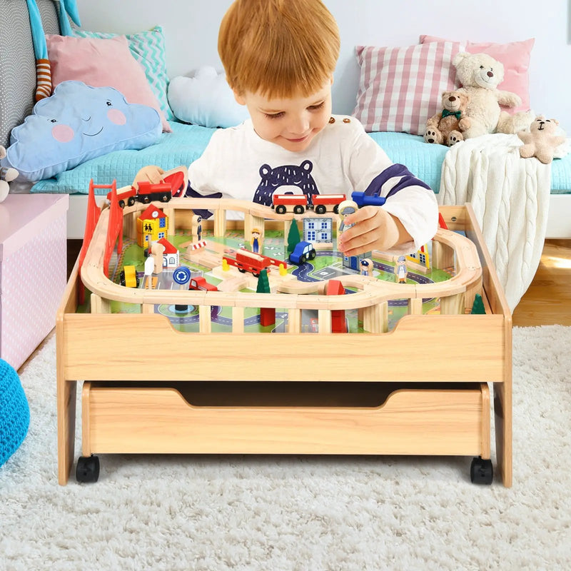 Children's Wooden Railway Set Table with 100 Pieces Storage Drawers by DirectDeals