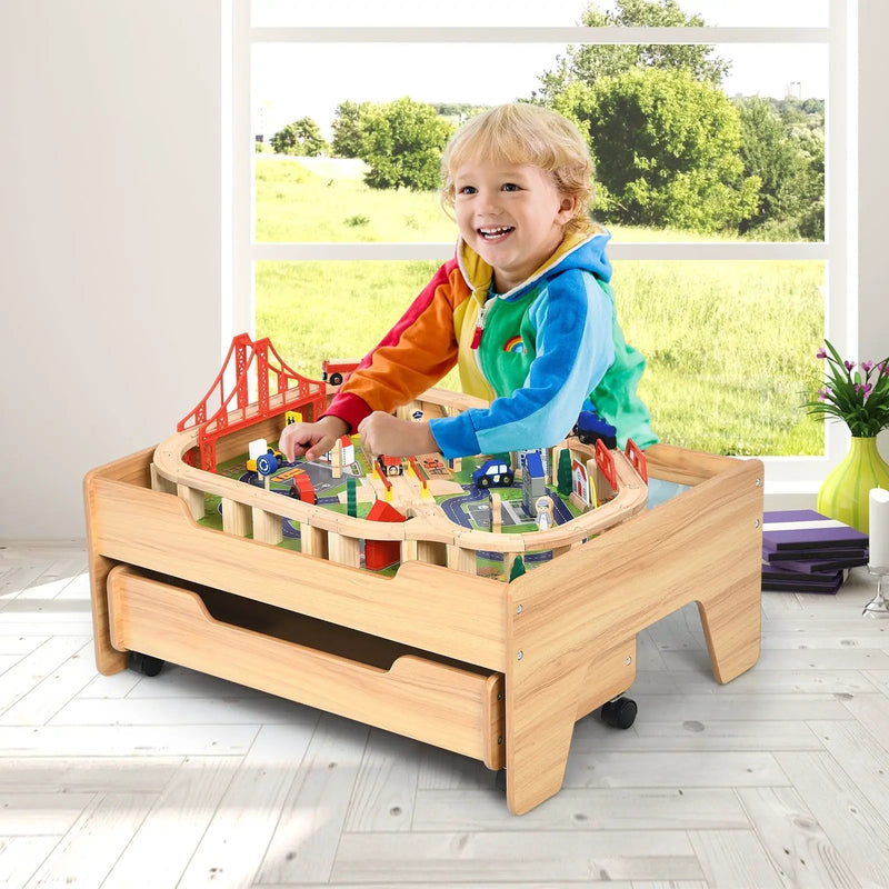 Children's Wooden Railway Set Table with 100 Pieces Storage Drawers by DirectDeals