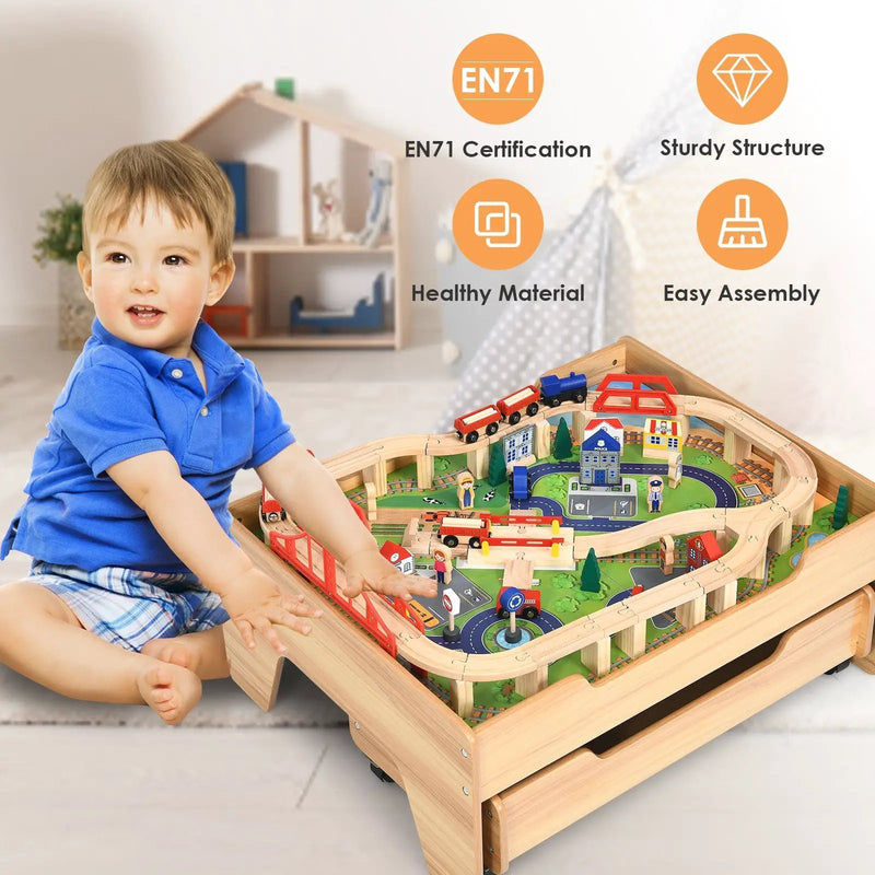 Children's Wooden Railway Set Table with 100 Pieces Storage Drawers by DirectDeals