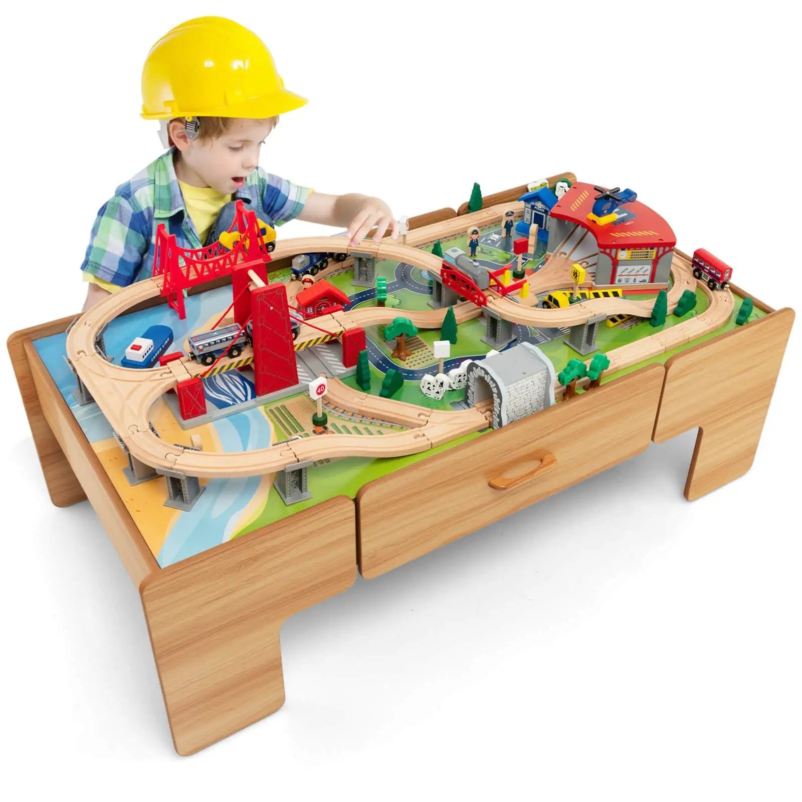 Kids Double-Sided Wooden Train Table Playset with Storage Drawer by DirectDeals