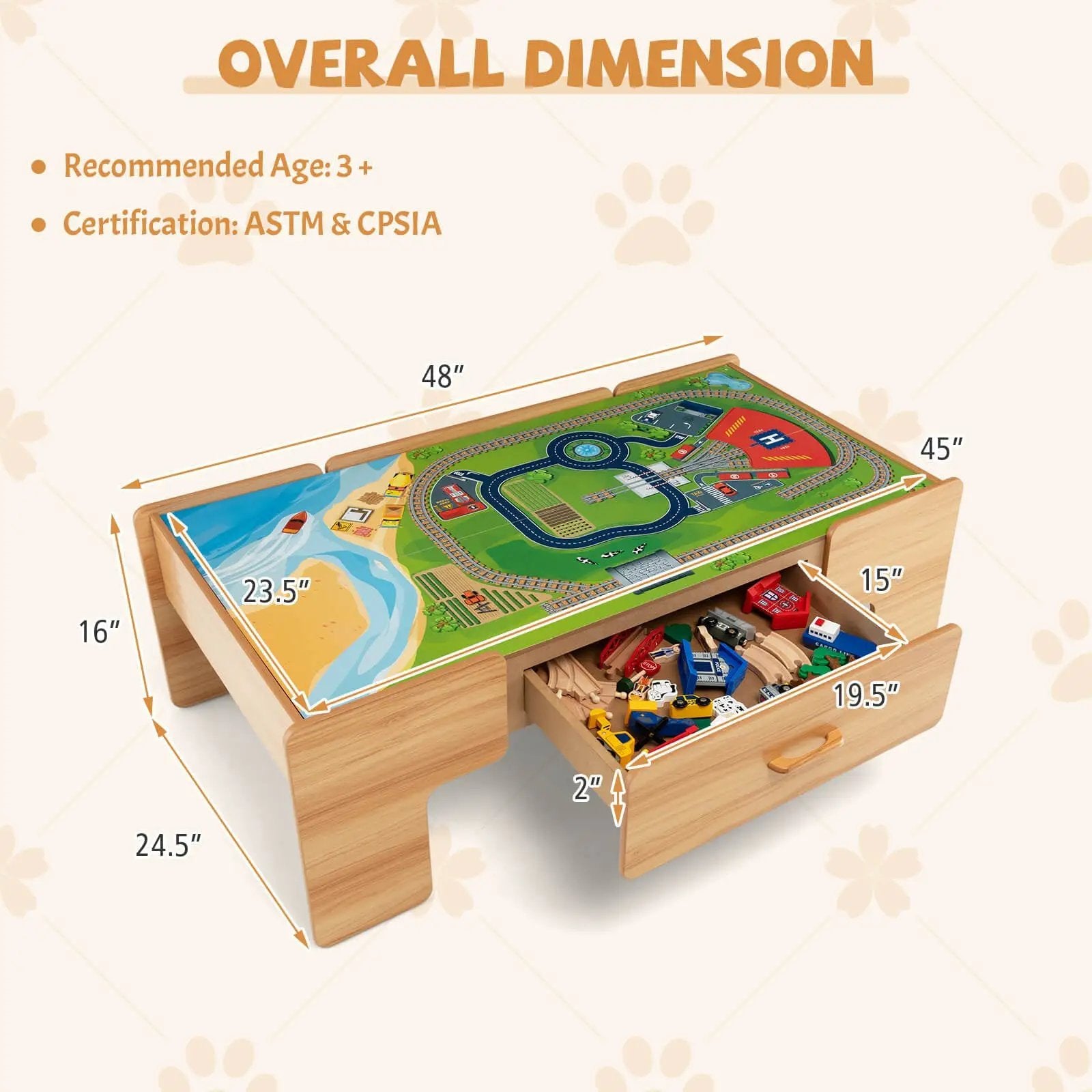 Kids Double-Sided Wooden Train Table Playset with Storage Drawer by DirectDeals