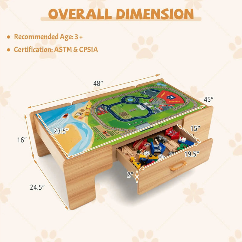 Kids Double-Sided Wooden Train Table Playset with Storage Drawer by DirectDeals