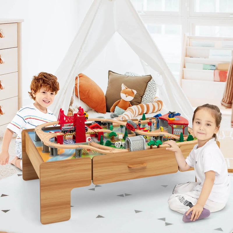 Kids Double-Sided Wooden Train Table Playset with Storage Drawer by DirectDeals