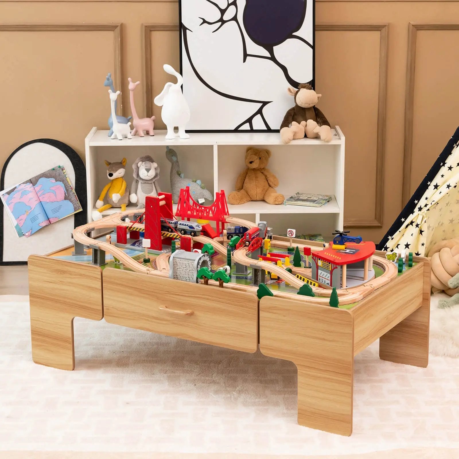 Kids Double-Sided Wooden Train Table Playset with Storage Drawer by DirectDeals