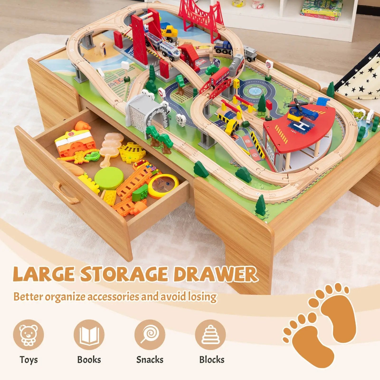 Kids Double-Sided Wooden Train Table Playset with Storage Drawer by DirectDeals