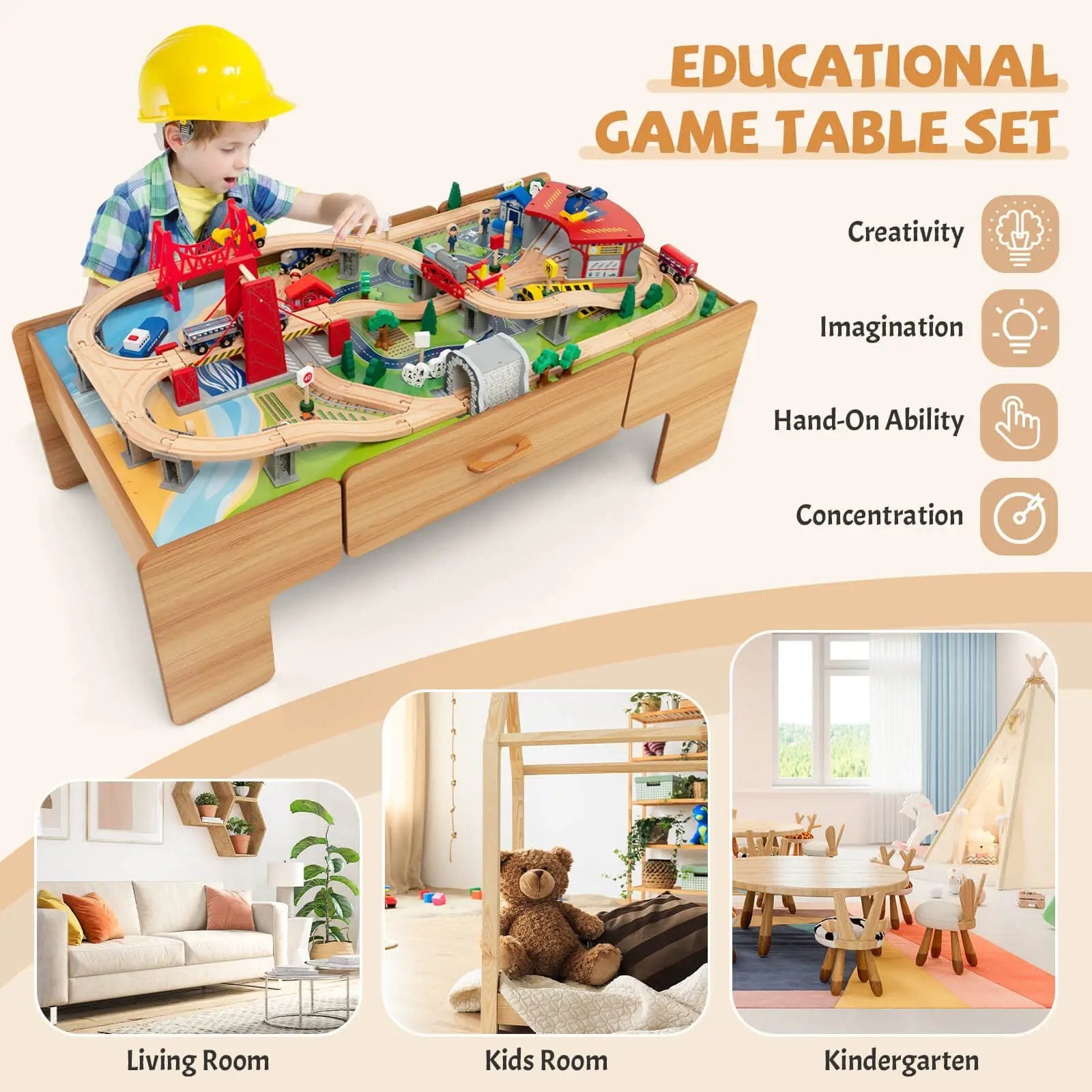Kids Double-Sided Wooden Train Table Playset with Storage Drawer by DirectDeals