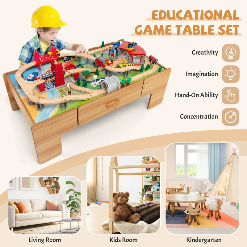 Kids Double-Sided Wooden Train Table Playset with Storage Drawer by DirectDeals