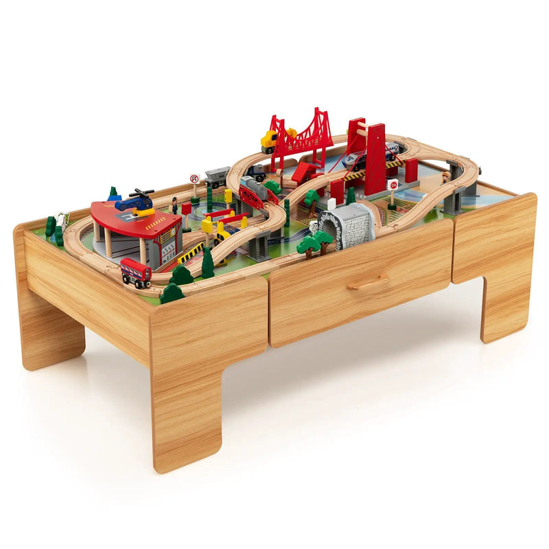 Kids Double-Sided Wooden Train Table Playset with Storage Drawer by DirectDeals