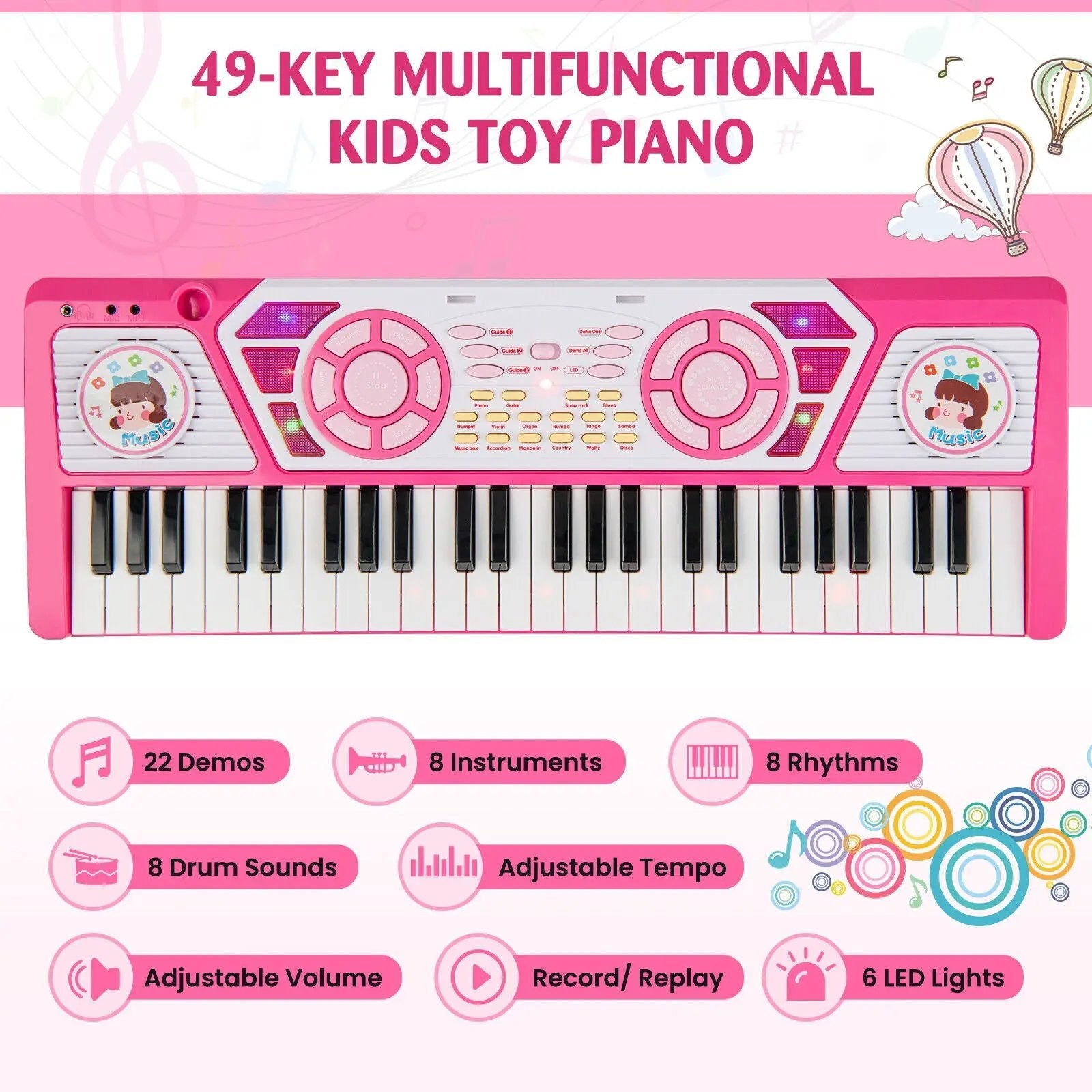 49 Keys Kids Piano Keyboard for Kids 3+-Pink by DirectDeals