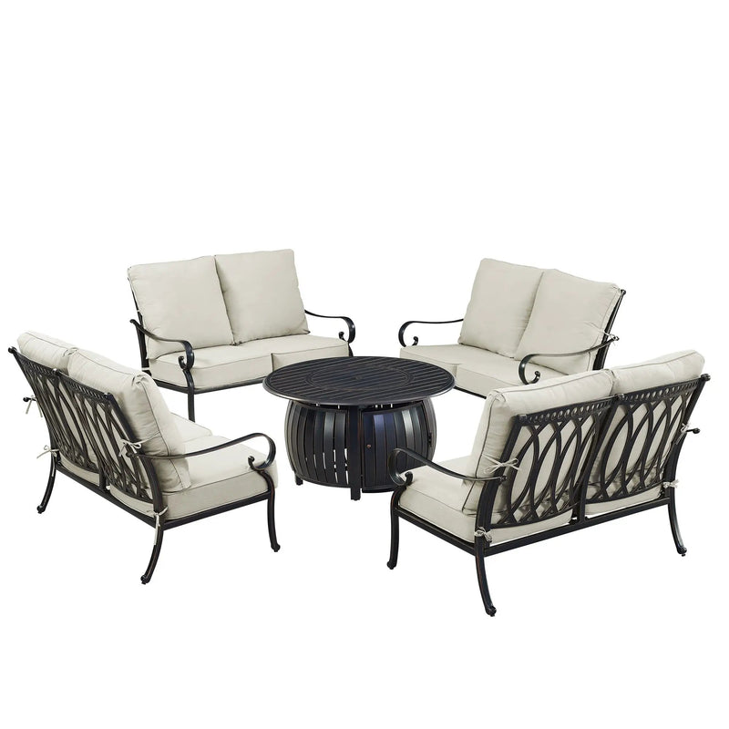 Black Aluminum Fire Table Set with Four Deep Seating Loveseats by Sharicks