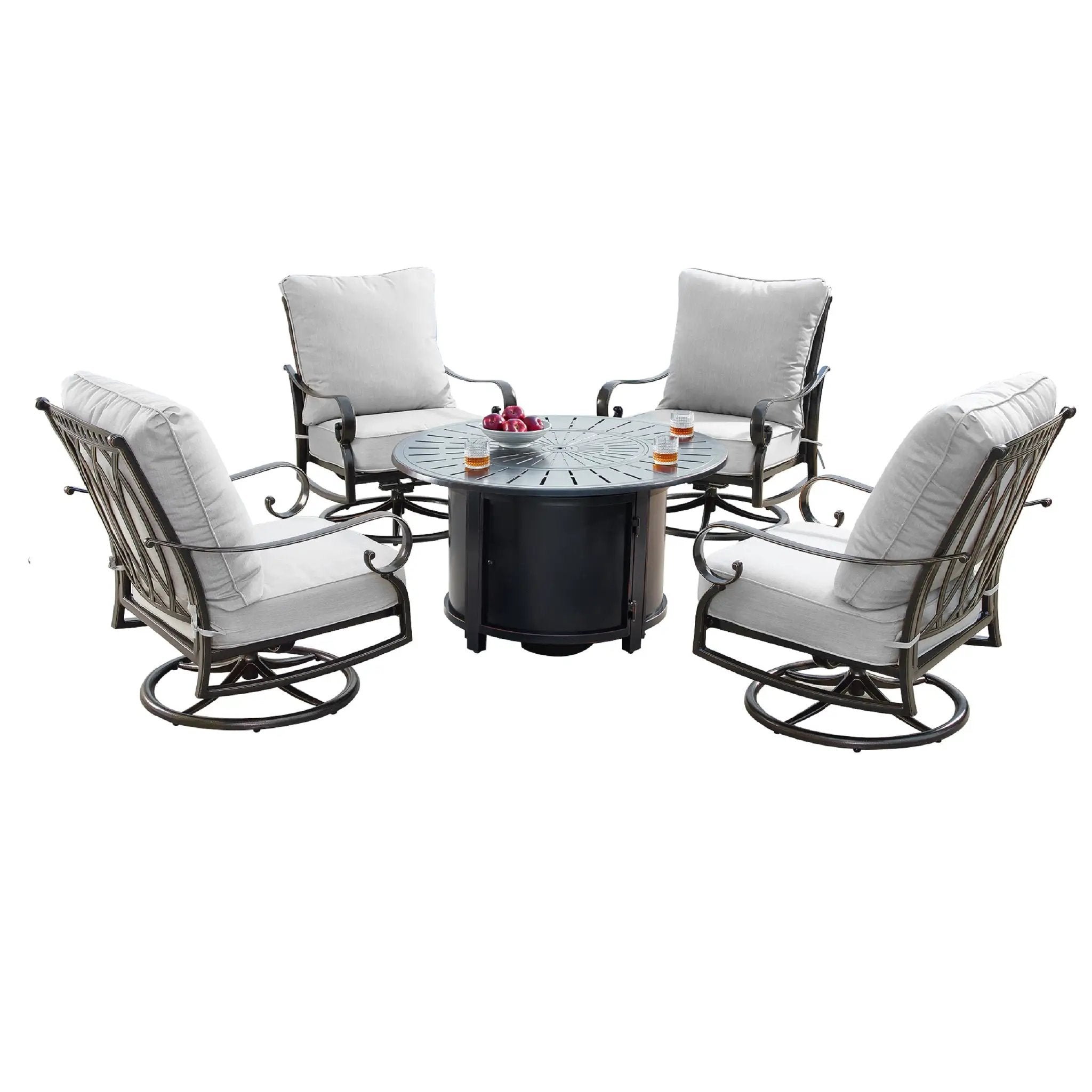 Aluminum 44-in Round Patio Fire Table Set with Swivel Rocking Chairs by Sharicks
