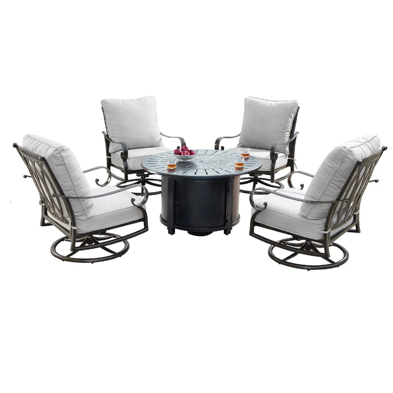Aluminum 44-in Round Patio Fire Table Set with Swivel Rocking Chairs by Sharicks