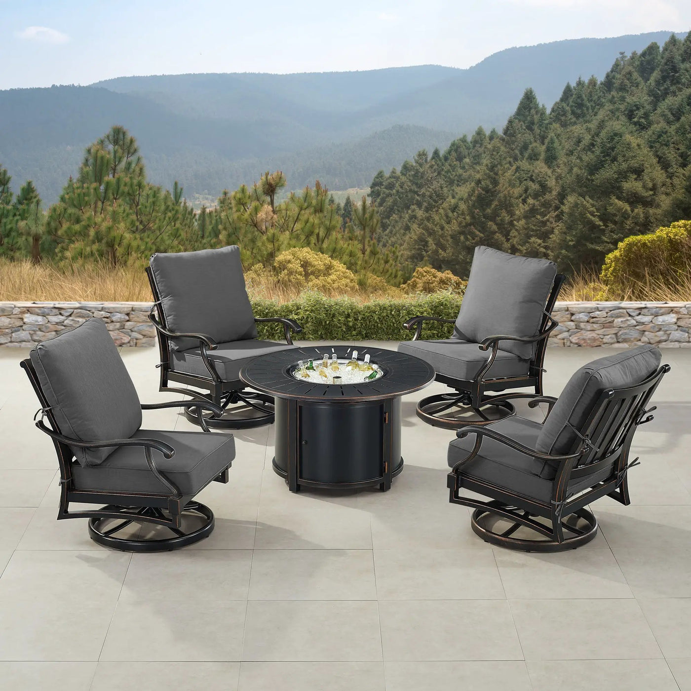 Black Aluminum Fire Table Set with Four Club Chairs by Sharicks