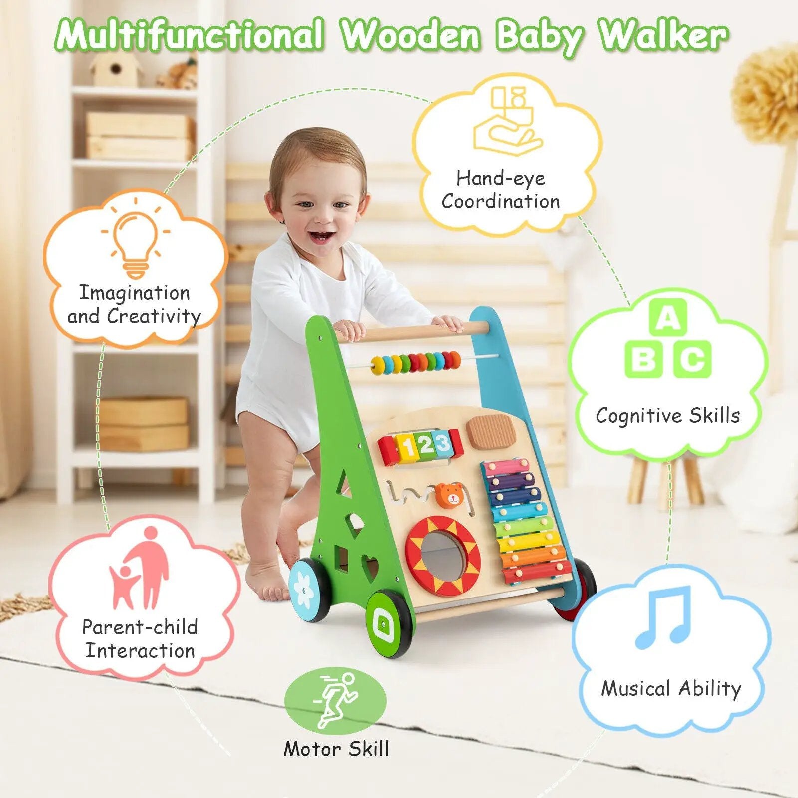 Toddler Push Walker Activity Center Toy with Burr-free Handle by DirectDeals