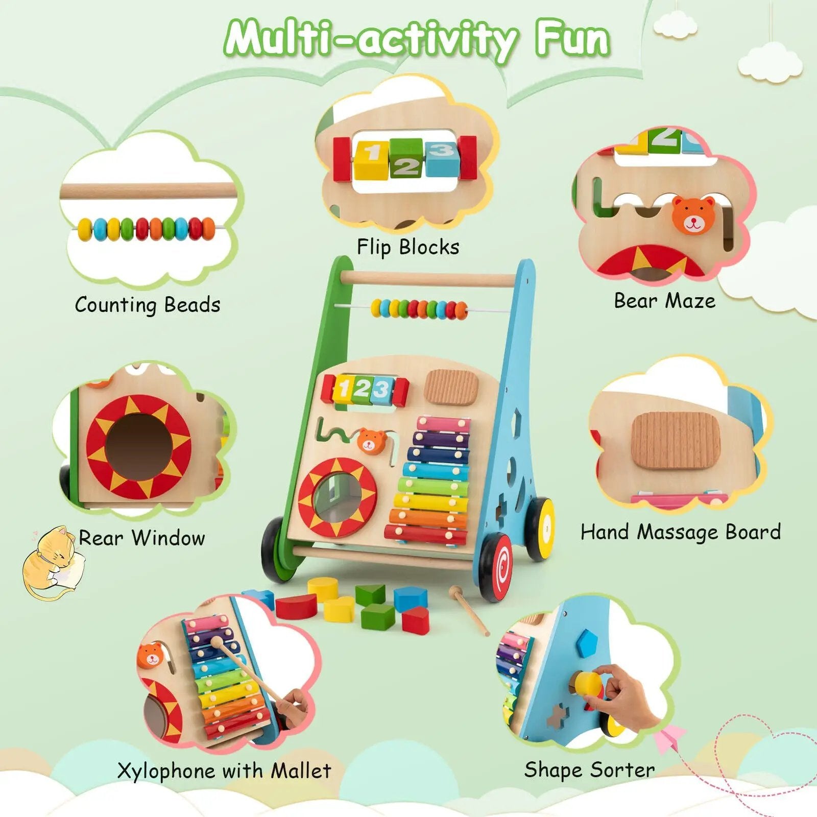 Toddler Push Walker Activity Center Toy with Burr-free Handle by DirectDeals