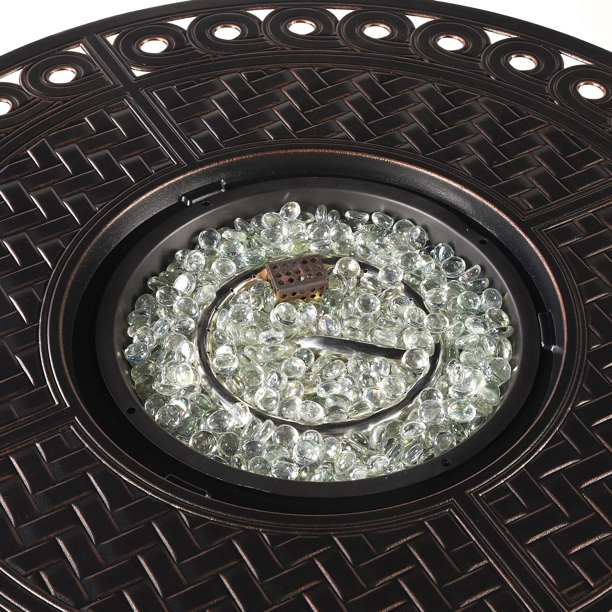 Aluminum 34-in Round Patio Fire Table Set with Swivel Rocking Chairs by Sharicks