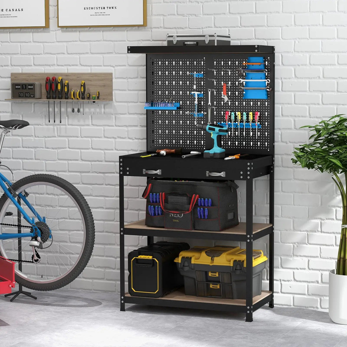 Tool Storage Workbench with Pegboard with 14 Hanging Accessories for Garage by DirectDeals