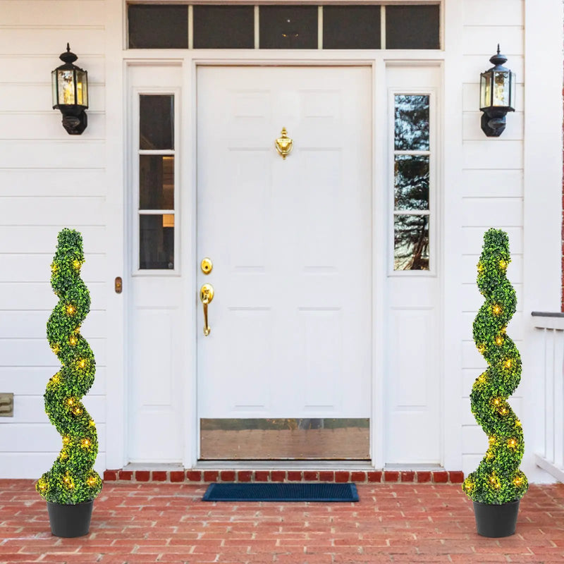 Pre-Lit Artificial Boxwood Spiral Topiary Tree Set of 2 with 100 LED Lights by DirectDeals