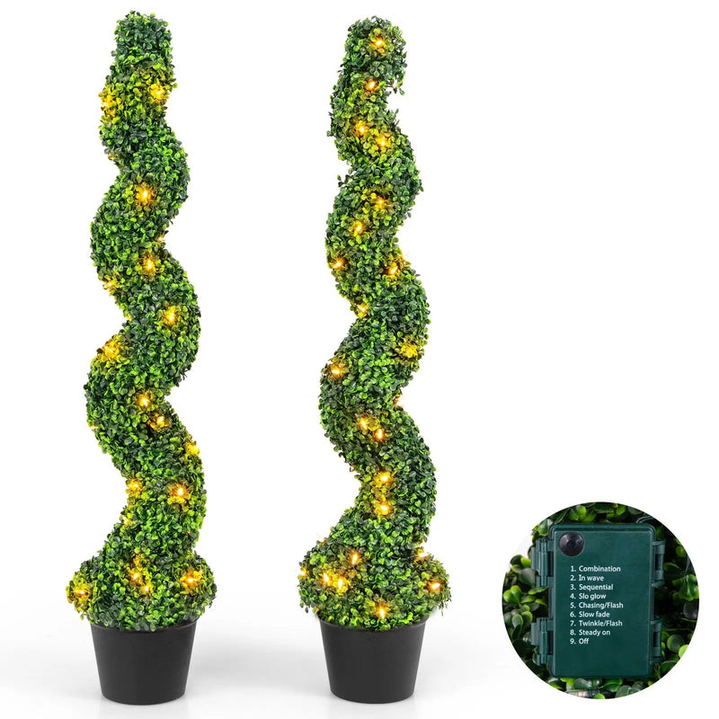 Pre-Lit Artificial Boxwood Spiral Topiary Tree Set of 2 with 100 LED Lights by DirectDeals