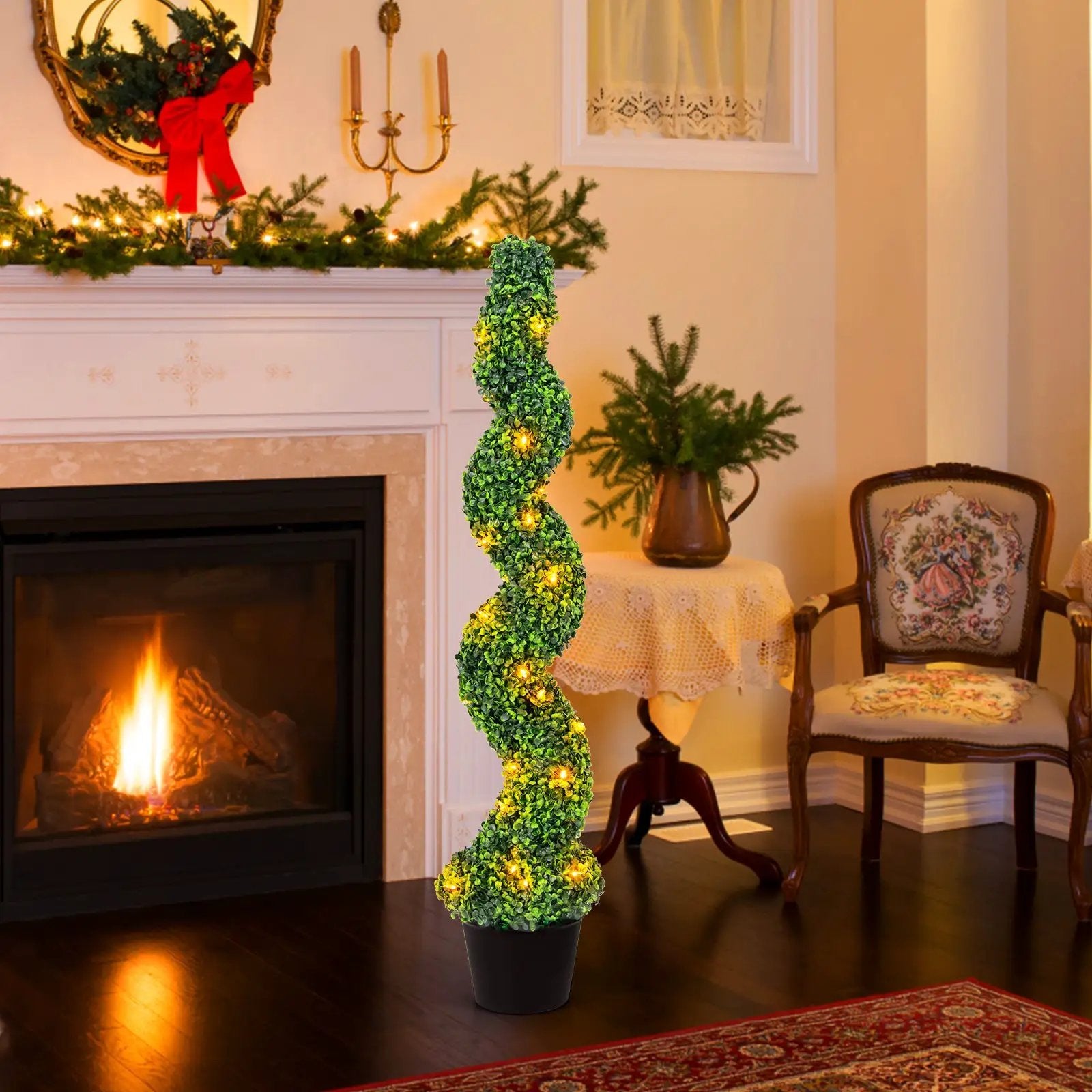 Pre-Lit Artificial Boxwood Spiral Topiary Tree Set of 2 with 100 LED Lights by DirectDeals
