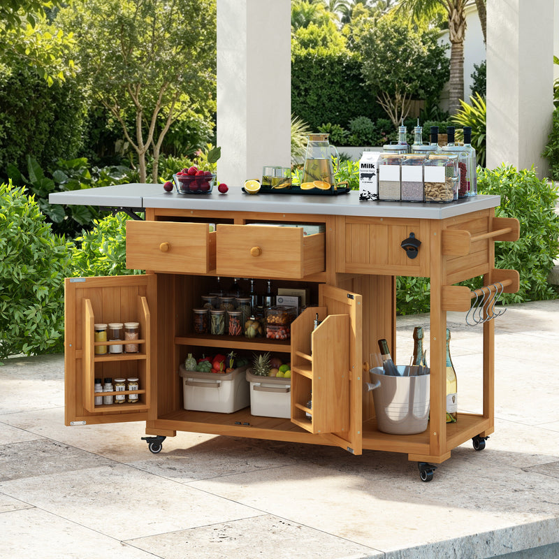 TOPMAX 59.9''L Outdoor Gill Kitchen Cart, Solid Wood Kitchen Island with Extendable Stainless Steel Top, Rolling Bar Cart with Spice Rack, 2 Drawers & 4 Door Racks