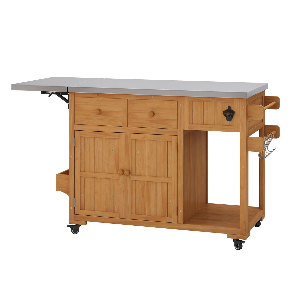 TOPMAX 59.9''L Outdoor Gill Kitchen Cart, Solid Wood Kitchen Island with Extendable Stainless Steel Top, Rolling Bar Cart with Spice Rack, 2 Drawers & 4 Door Racks, photo 10 of 10