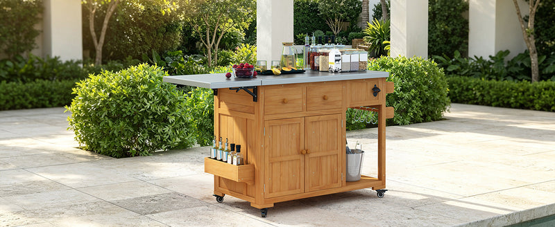TOPMAX 59.9''L Outdoor Gill Kitchen Cart, Solid Wood Kitchen Island with Extendable Stainless Steel Top, Rolling Bar Cart with Spice Rack, 2 Drawers & 4 Door Racks, photo 2 of 10