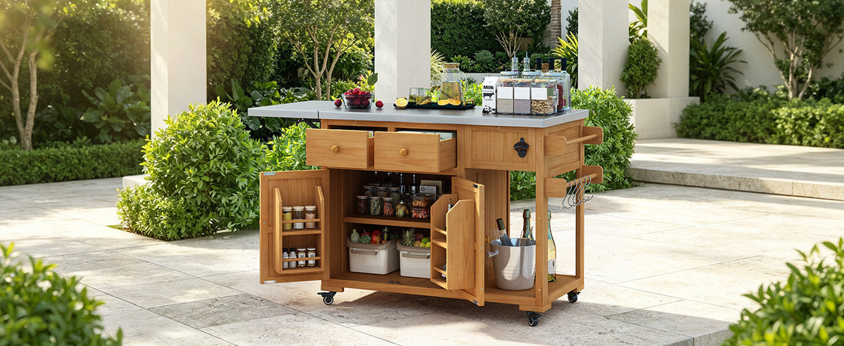 TOPMAX 59.9''L Outdoor Gill Kitchen Cart, Solid Wood Kitchen Island with Extendable Stainless Steel Top, Rolling Bar Cart with Spice Rack, 2 Drawers & 4 Door Racks, photo 3 of 10