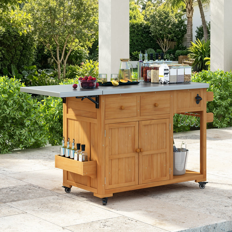 TOPMAX 59.9''L Outdoor Gill Kitchen Cart, Solid Wood Kitchen Island with Extendable Stainless Steel Top, Rolling Bar Cart with Spice Rack, 2 Drawers & 4 Door Racks, photo 4 of 10