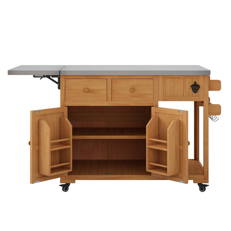 TOPMAX 59.9''L Outdoor Gill Kitchen Cart, Solid Wood Kitchen Island with Extendable Stainless Steel Top, Rolling Bar Cart with Spice Rack, 2 Drawers & 4 Door Racks, photo 6 of 10