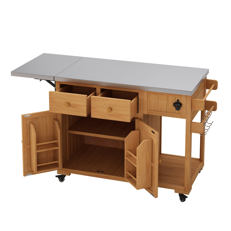 TOPMAX 59.9''L Outdoor Gill Kitchen Cart, Solid Wood Kitchen Island with Extendable Stainless Steel Top, Rolling Bar Cart with Spice Rack, 2 Drawers & 4 Door Racks, photo 7 of 10