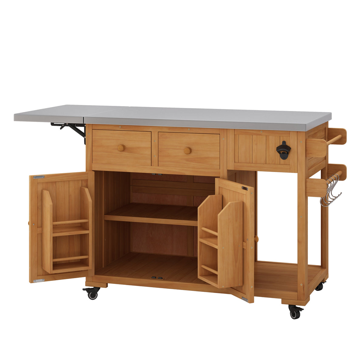 TOPMAX 59.9''L Outdoor Gill Kitchen Cart, Solid Wood Kitchen Island with Extendable Stainless Steel Top, Rolling Bar Cart with Spice Rack, 2 Drawers & 4 Door Racks, photo 8 of 10