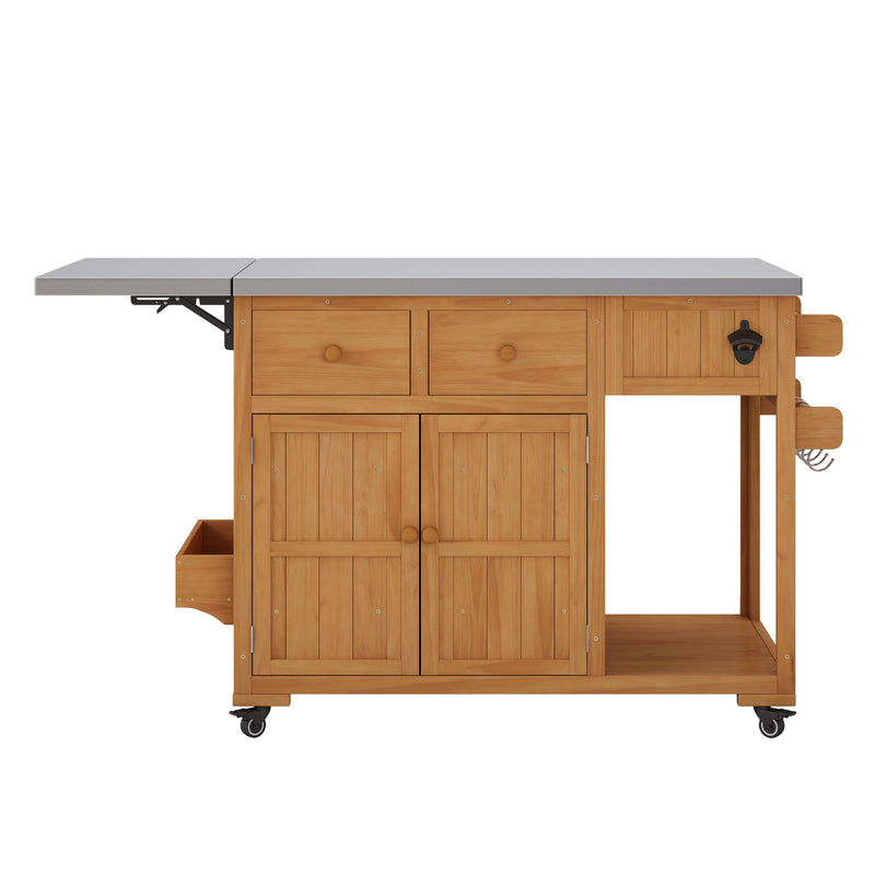 TOPMAX 59.9''L Outdoor Gill Kitchen Cart, Solid Wood Kitchen Island with Extendable Stainless Steel Top, Rolling Bar Cart with Spice Rack, 2 Drawers & 4 Door Racks, photo 9 of 10