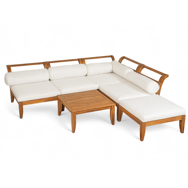 6 Piece Acacia Wood Outdoor Modular Sectional with Daybed - Teak Beige
