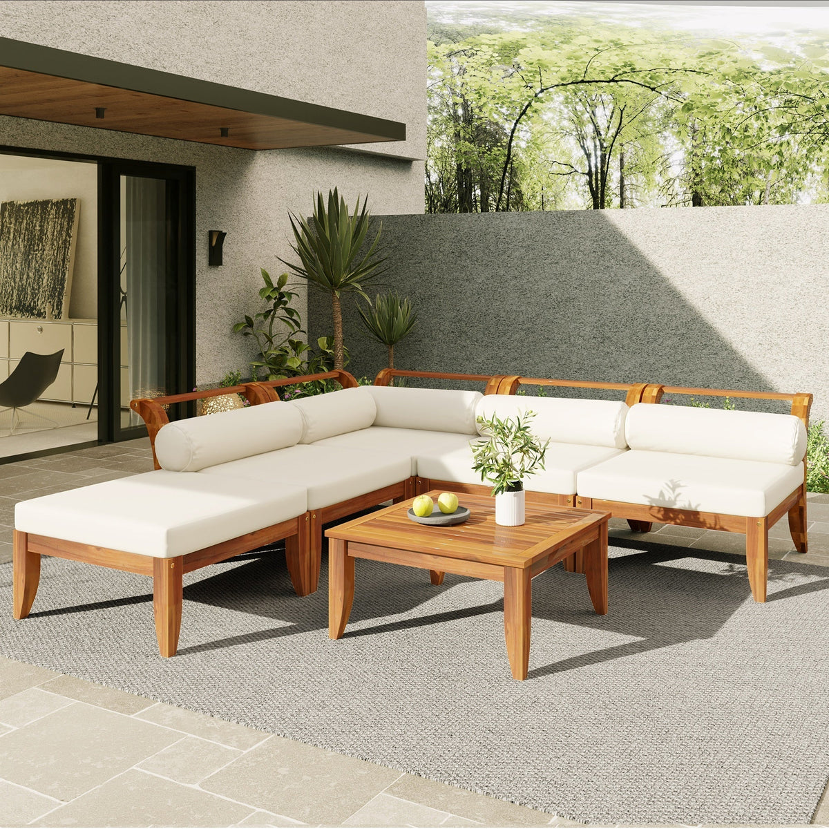 6 Piece Acacia Wood Outdoor Modular Sectional with Daybed - Teak Beige, photo 2 of 27