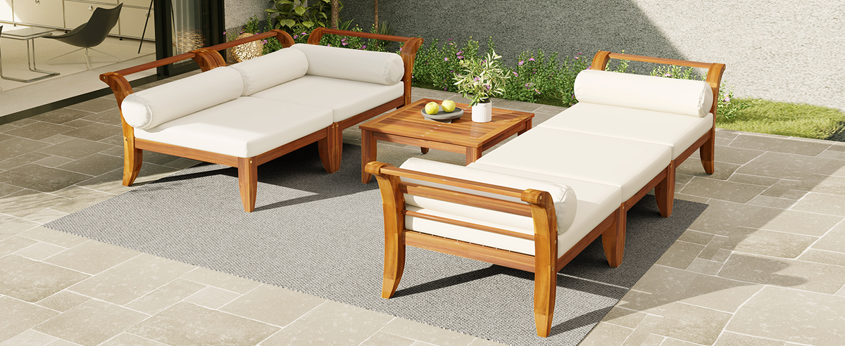 6 Piece Acacia Wood Outdoor Modular Sectional with Daybed - Teak Beige, photo 24 of 27