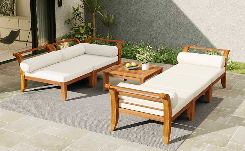 6 Piece Acacia Wood Outdoor Modular Sectional with Daybed - Teak Beige, photo 26 of 27