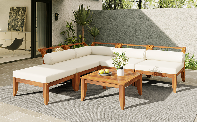 6 Piece Acacia Wood Outdoor Modular Sectional with Daybed - Teak Beige, photo 27 of 27