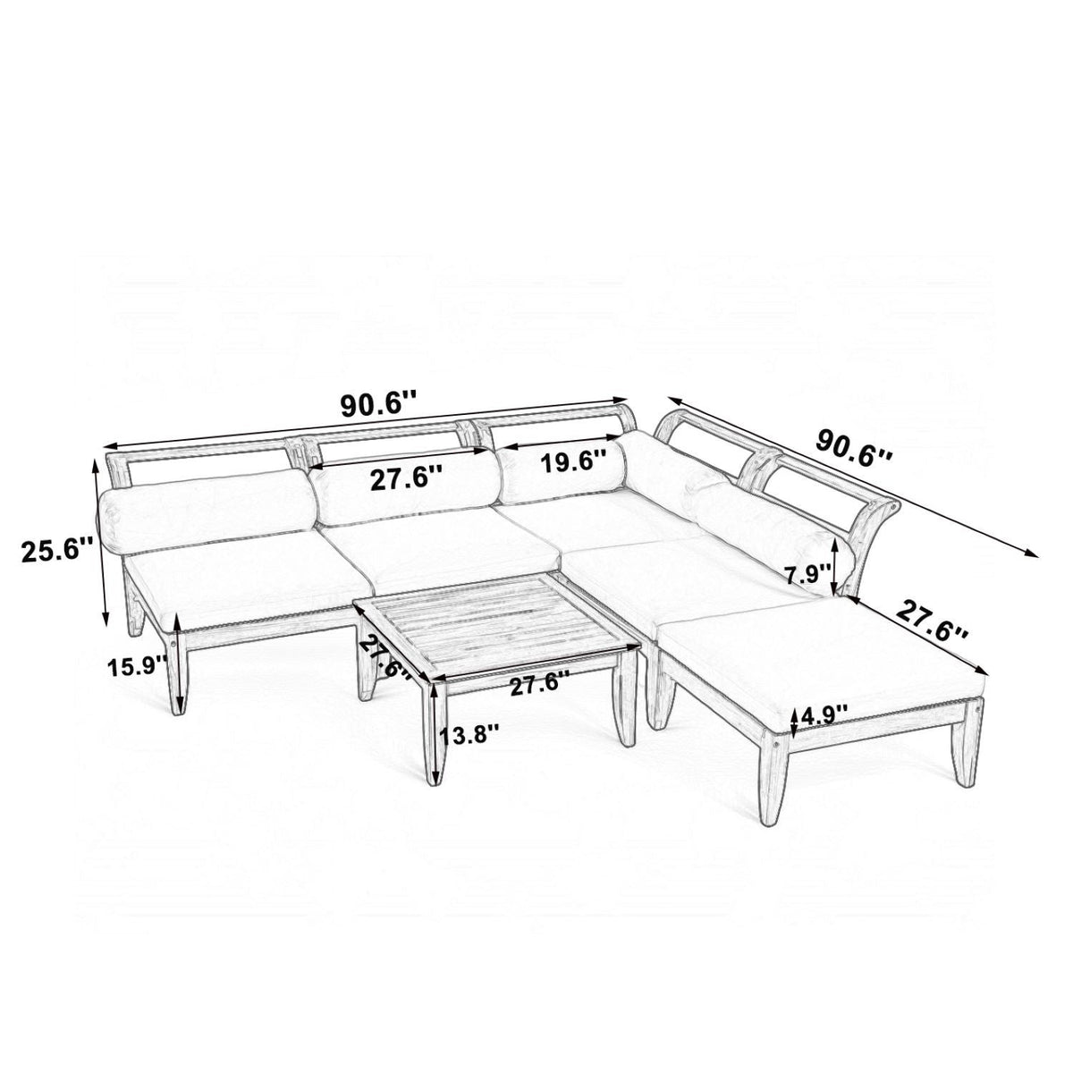 6 Piece Acacia Wood Outdoor Modular Sectional with Daybed - Teak Beige, photo 3 of 27