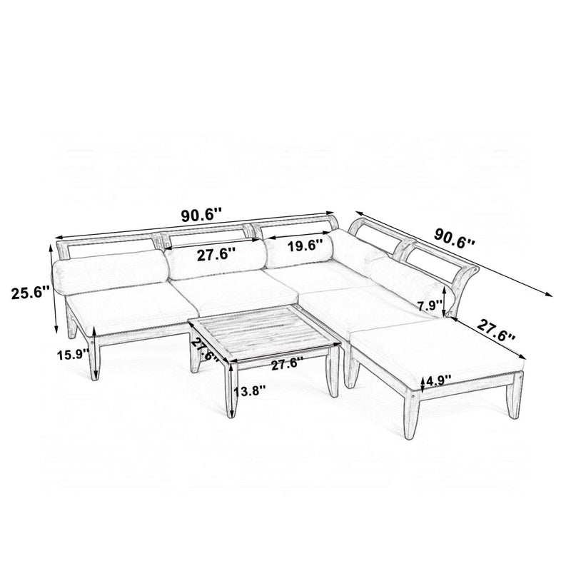 6 Piece Acacia Wood Outdoor Modular Sectional with Daybed - Teak Beige, photo 3 of 27