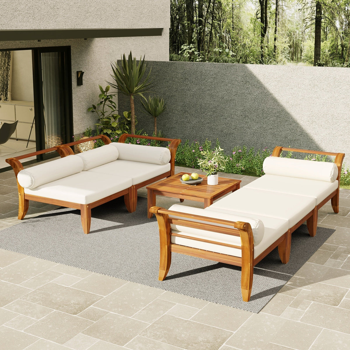 6 Piece Acacia Wood Outdoor Modular Sectional with Daybed - Teak Beige, photo 4 of 27