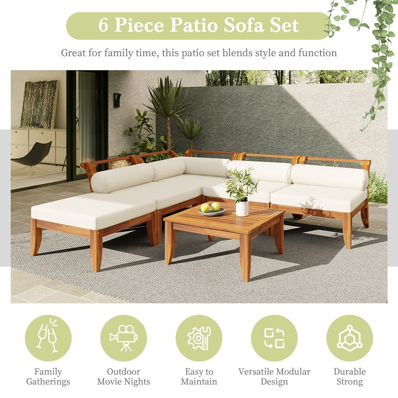 6 Piece Acacia Wood Outdoor Modular Sectional with Daybed - Teak Beige, photo 5 of 27