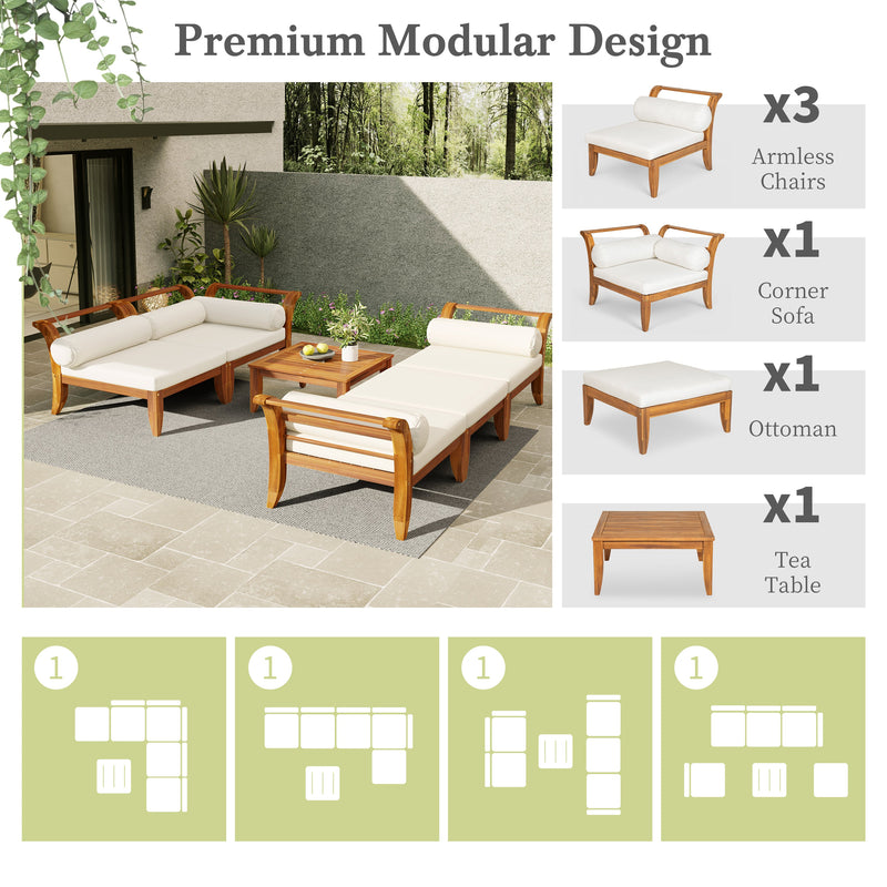 6 Piece Acacia Wood Outdoor Modular Sectional with Daybed - Teak Beige, photo 6 of 27