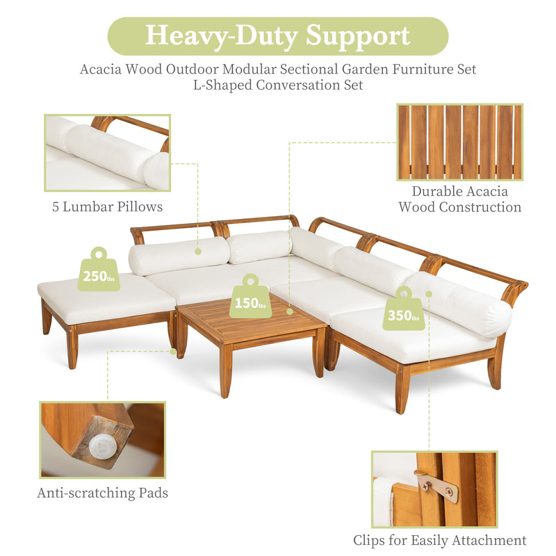 6 Piece Acacia Wood Outdoor Modular Sectional with Daybed - Teak Beige, photo 7 of 27