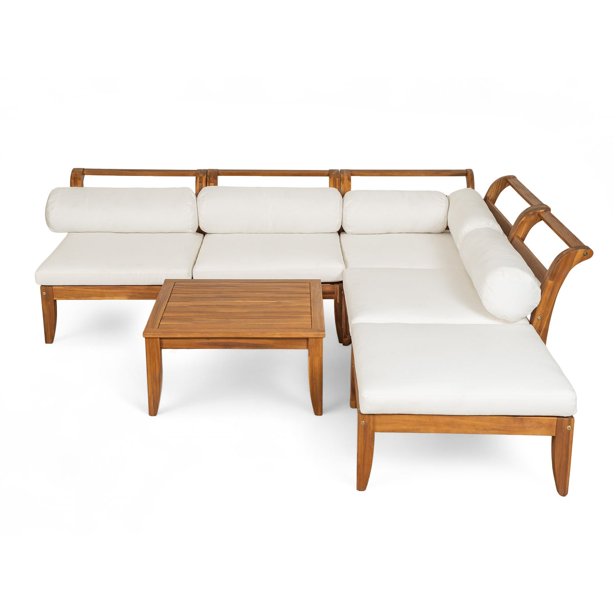 6 Piece Acacia Wood Outdoor Modular Sectional with Daybed - Teak Beige, photo 9 of 27