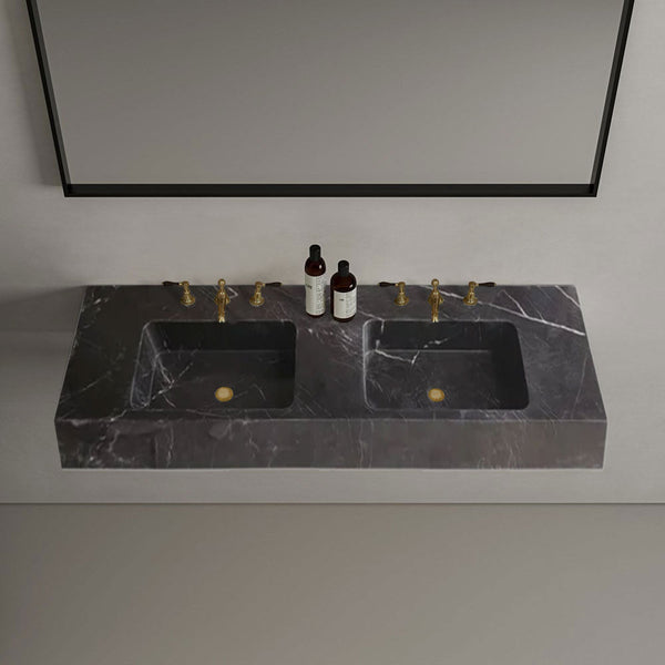 Black Marble Double Sink Wall-Mount Bathroom Vanity - Polished